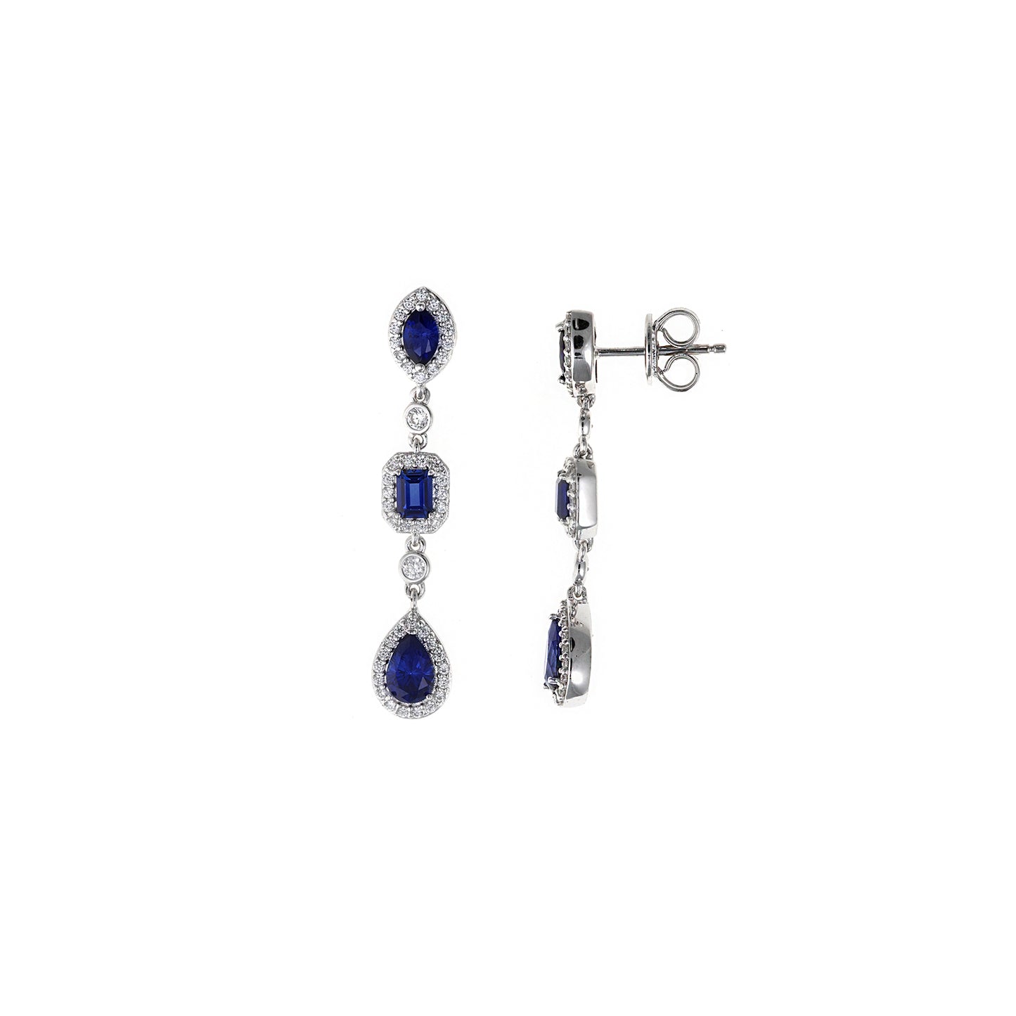 PENDIENTES PLATA RODIO CIRCONITA ZAFIRO OVALO RECTANGULO PERA ALREDEDOR BLANCAS