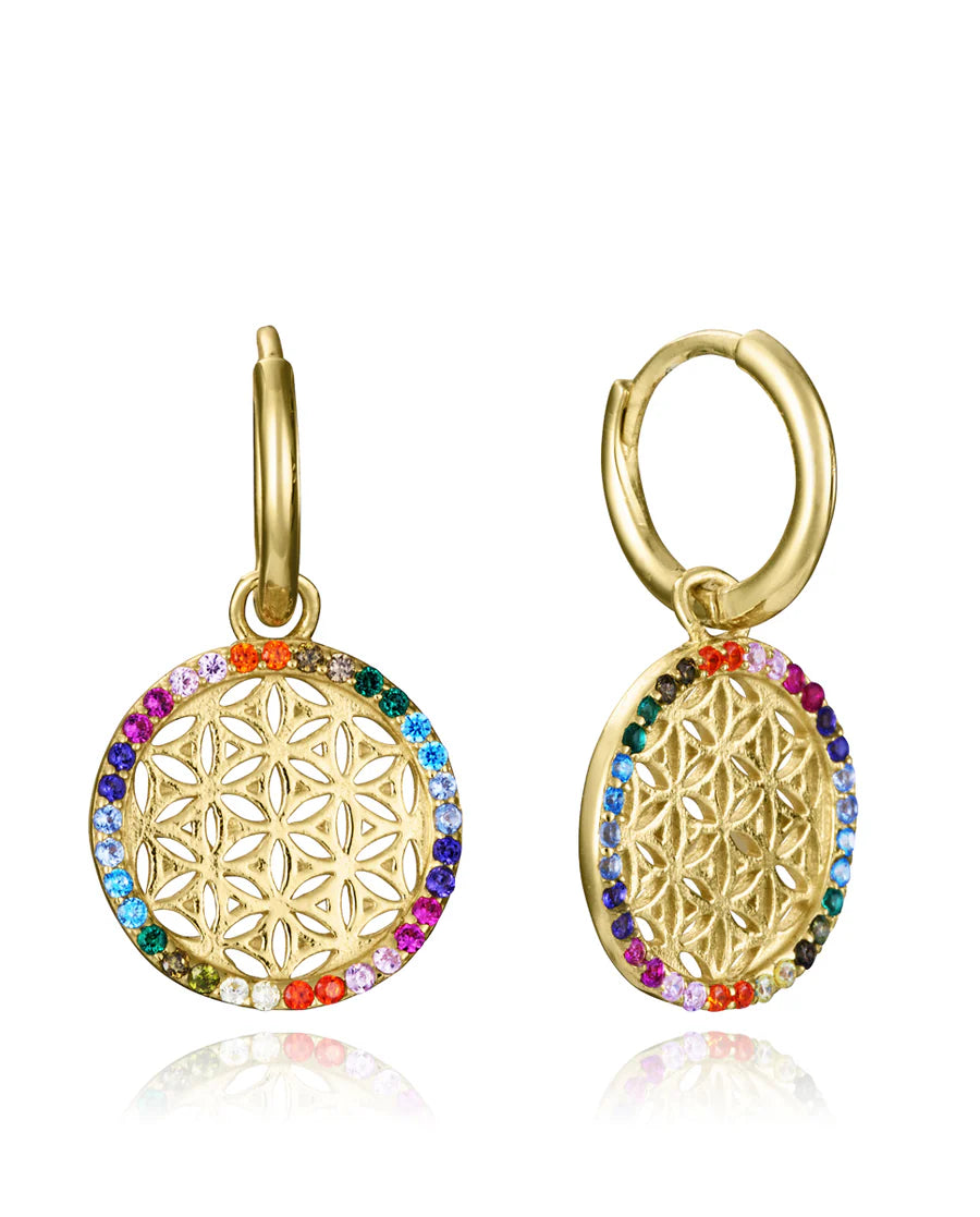 Pendientes de plata de ley con baño de oro y colgante redondo con circonitas de color