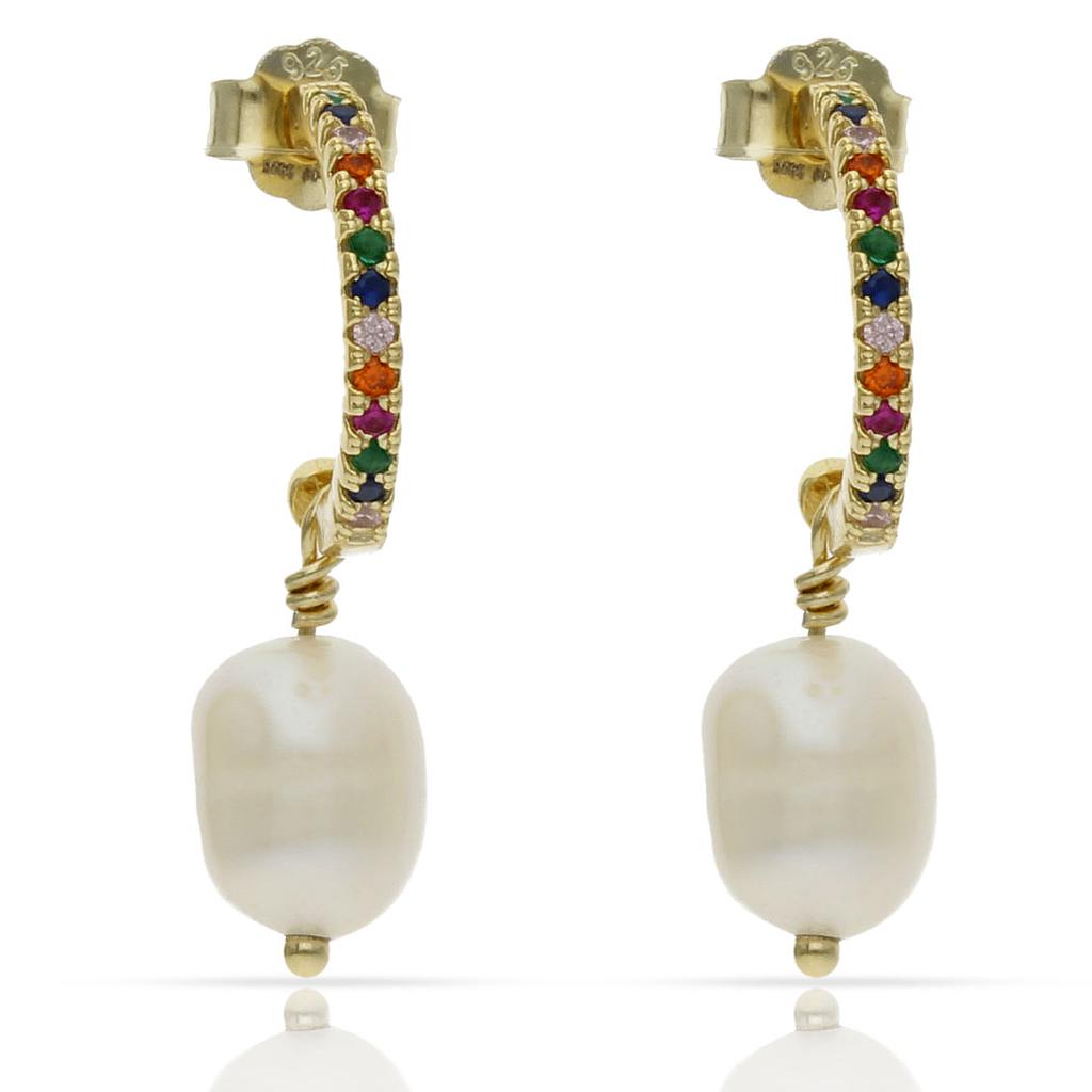 AROS PLATA CHAPADA ORO CIRCONITAS COLOR + PERLAS - 6MM