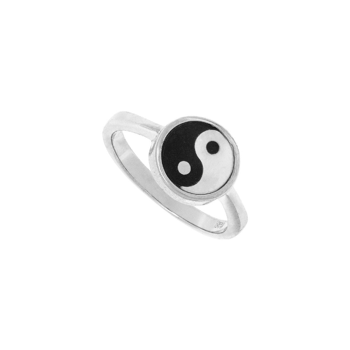 Sortija plata de ley ying yang con nacar y onix, número 15