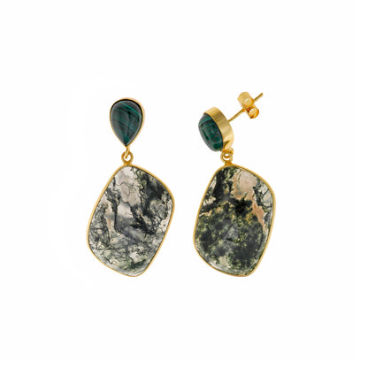 PENDIENTES PLATA CHAPADO MALAQUITA PERA Y AGATA MUSGOSA RECTANGULO IRREGULAR