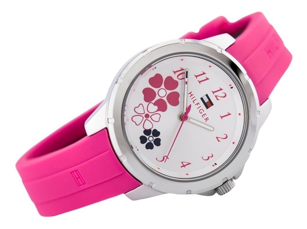 Reloj Tommy Hilfiger niña rosa silicona esfera plateada flores 30 mm cuarzo | Navalón Joyeros