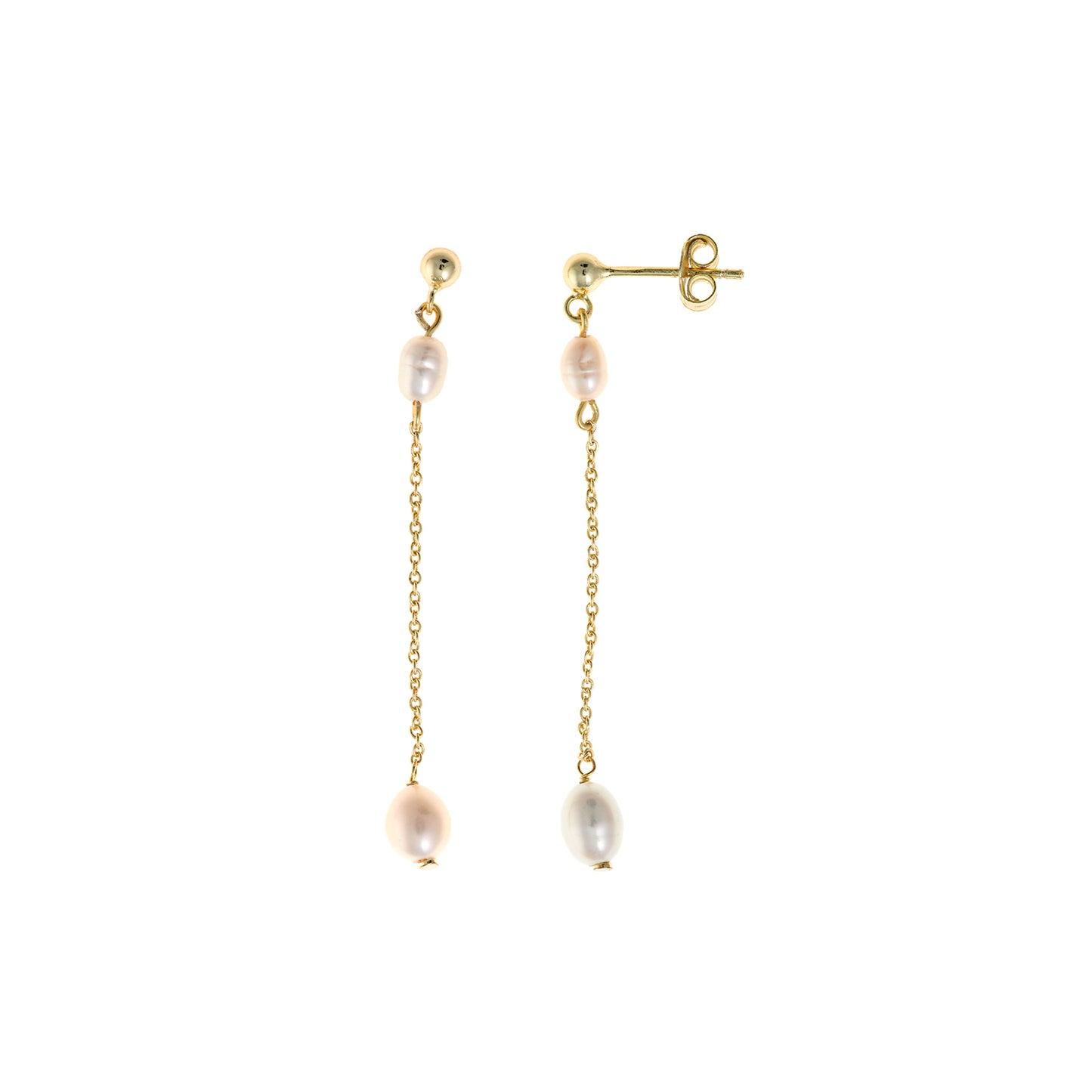 PENDIENTES PLATA CHAPADO BOLITA Y CADENA CON DOS PERLAS OVALADAS