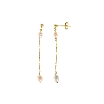 PENDIENTES PLATA CHAPADO BOLITA Y CADENA CON DOS PERLAS OVALADAS