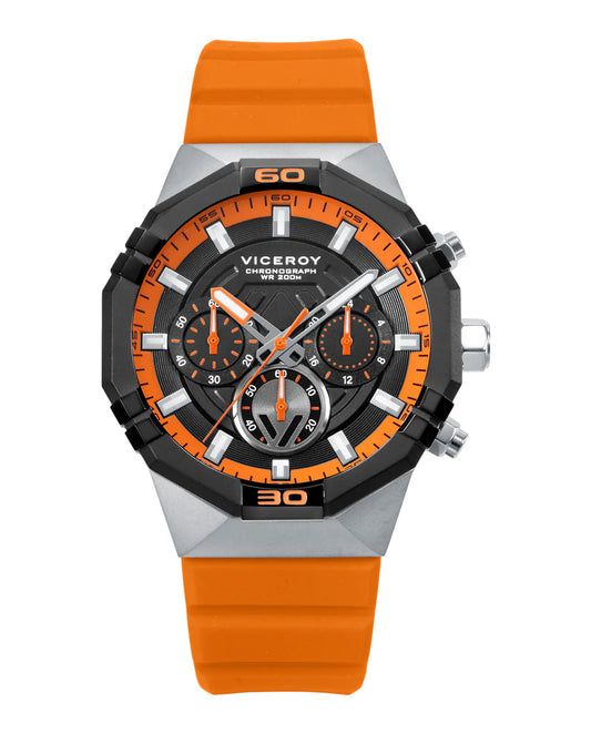 Reloj Deportivo Hombre Acero IP Negro y Silicona Naranja
