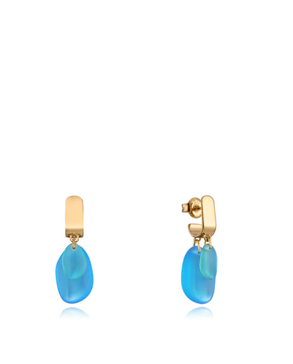 Pendientes Elegant de plata de ley bañado en oro con dos colgantes de cristal azul y verde