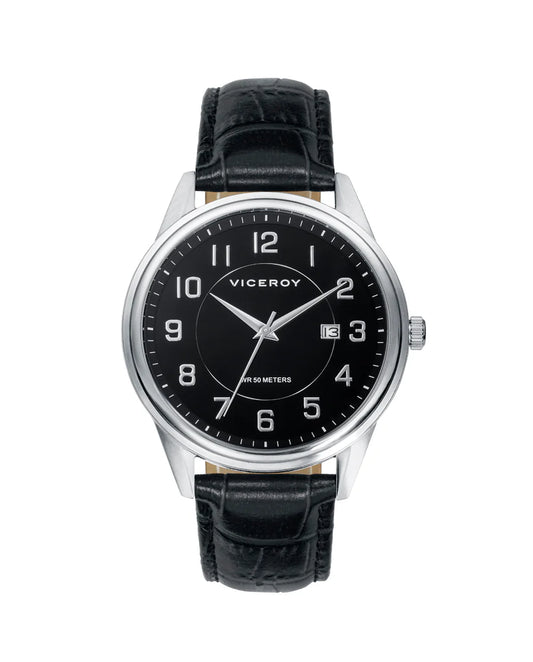 Reloj Viceroy de hombre Grand 3 agujas de acero y correa de piel negra 401207-55