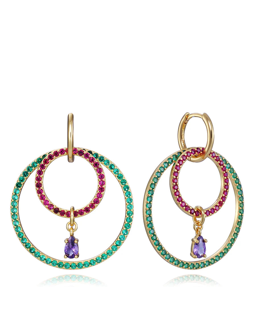 Pendientes Elegant de plata de ley con baño de oro y dos aros de diferentes tamaños con circonitas
