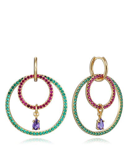 Pendientes Elegant de plata de ley con baño de oro y dos aros de diferentes tamaños con circonitas