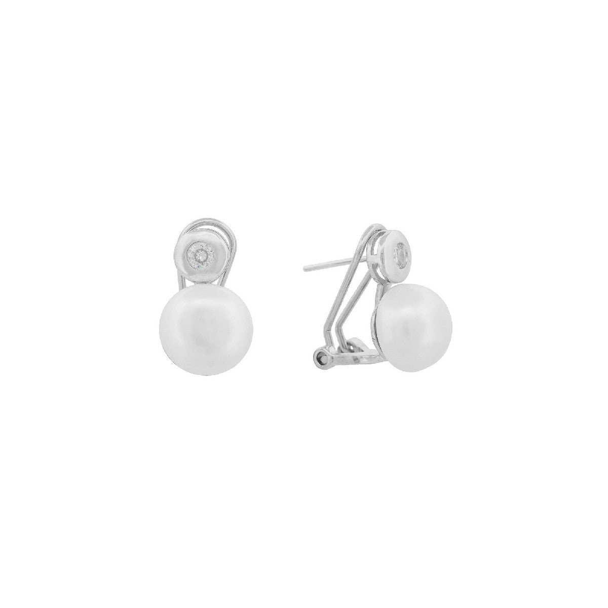 Pendientes plata de ley con perla, chatón circonita y cierre omega