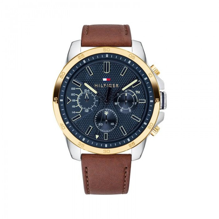 Reloj Tommy Hilfiger Decker hombre acero bicolor esfera azul correa piel marrón 46 mm multifunción | Navalón Joyeros