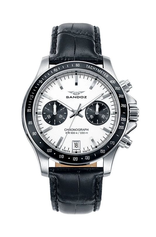 Reloj Sandoz Cronógrafo cristal zafiro acero y piel