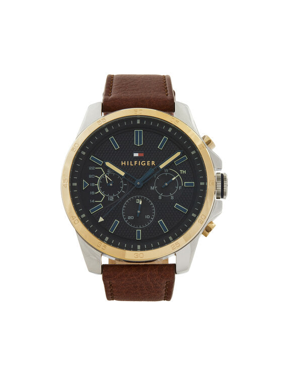 Reloj Tommy Hilfiger Decker hombre acero bicolor esfera azul correa piel marrón 46 mm multifunción | Navalón Joyeros