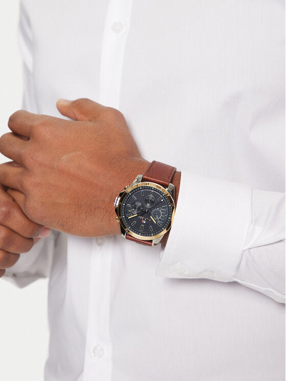 Reloj Tommy Hilfiger Decker hombre acero bicolor esfera azul correa piel marrón 46 mm multifunción | Navalón Joyeros